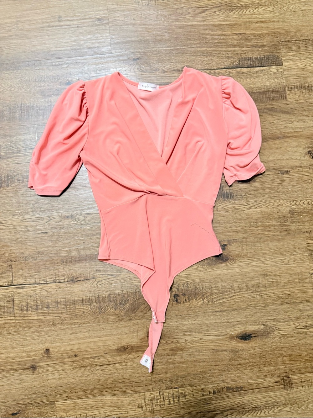 Coral Puff Sleeve Wrap Bodysuit with V-Neck